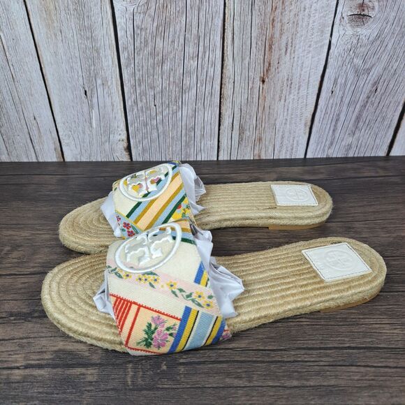 Tory Burch Benton Open Toe Women's Sz 8.5 Espadrille Slides Ribbon Weave Floral - Picture 1 of 9